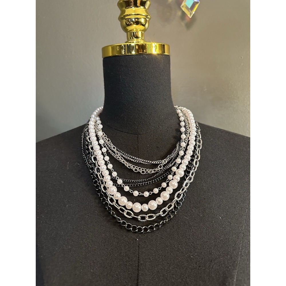 Silver Black Faux Pearls Multilayer Chunky Costume Jewelry Necklace